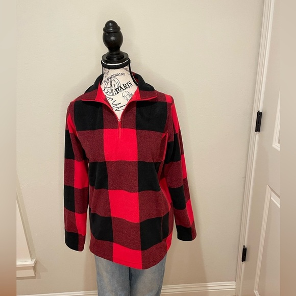 Lands' End Red and Black Zip Up Jacket Soft Cozy Buffalo Plaid - Picture 1 of 11